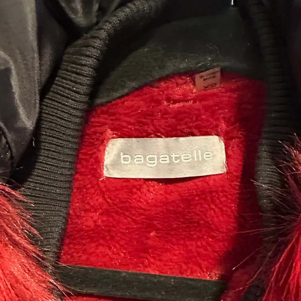 Bagatelle Black Bomber Jacket with Red Fur Collar - Picture 2 of 8